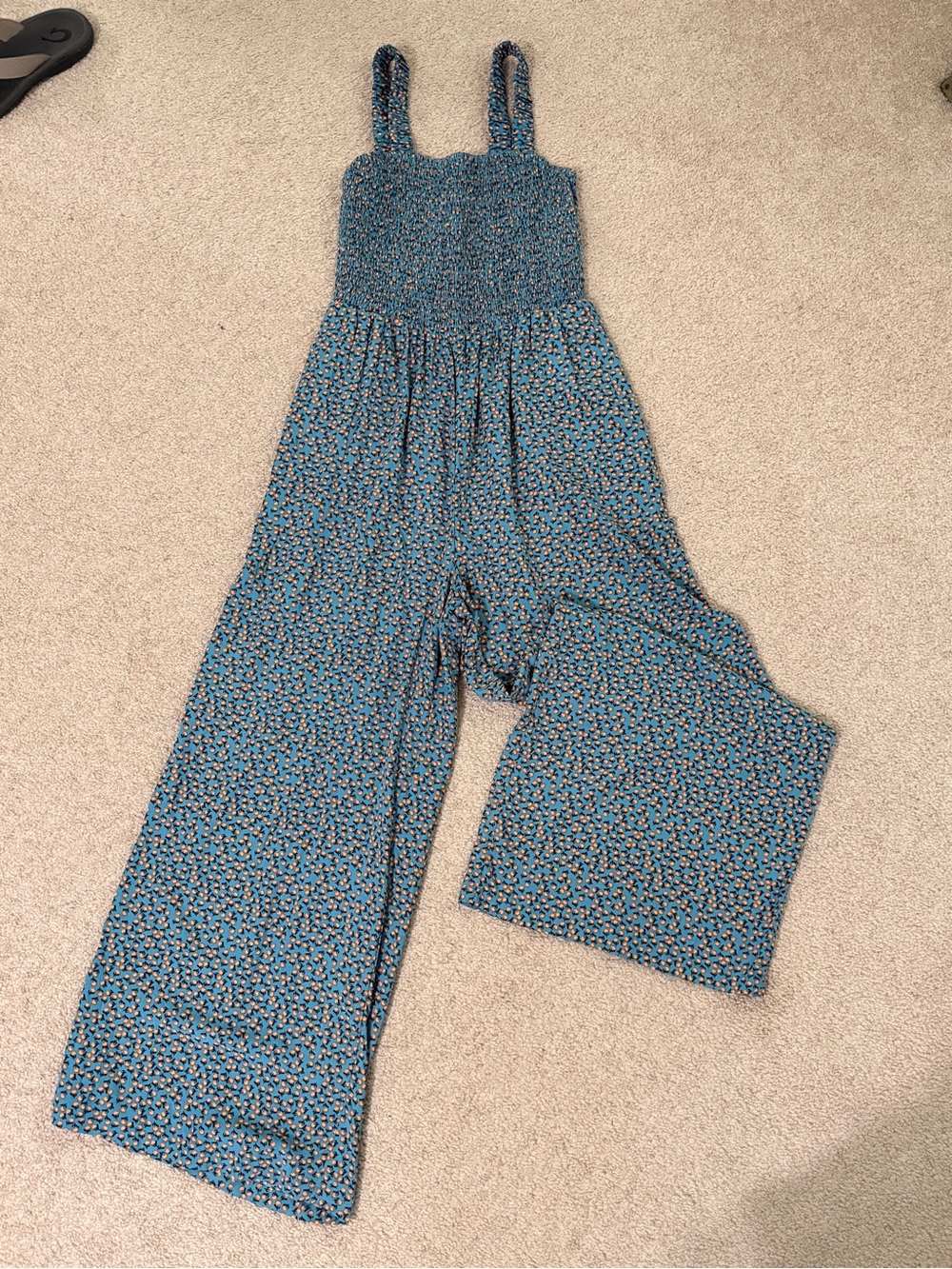 TSD Smocked Wide Leg Jumpsuit Teal Floral Palazzo Romper Small Boho - Picture 2 of 8